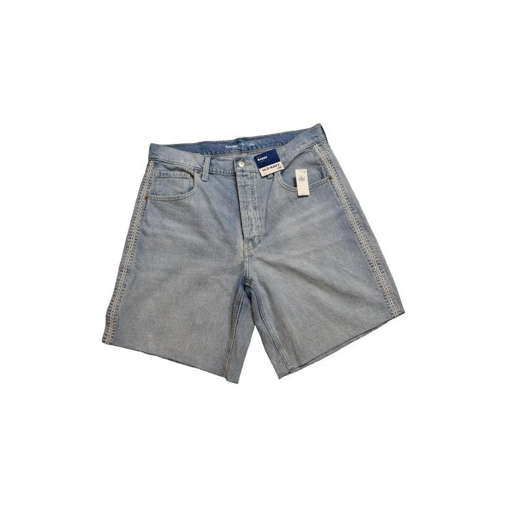 Old Navy Baggy Denim Shorts Womens 12 Light Wash Blue Embroidered Mid Rise NEW